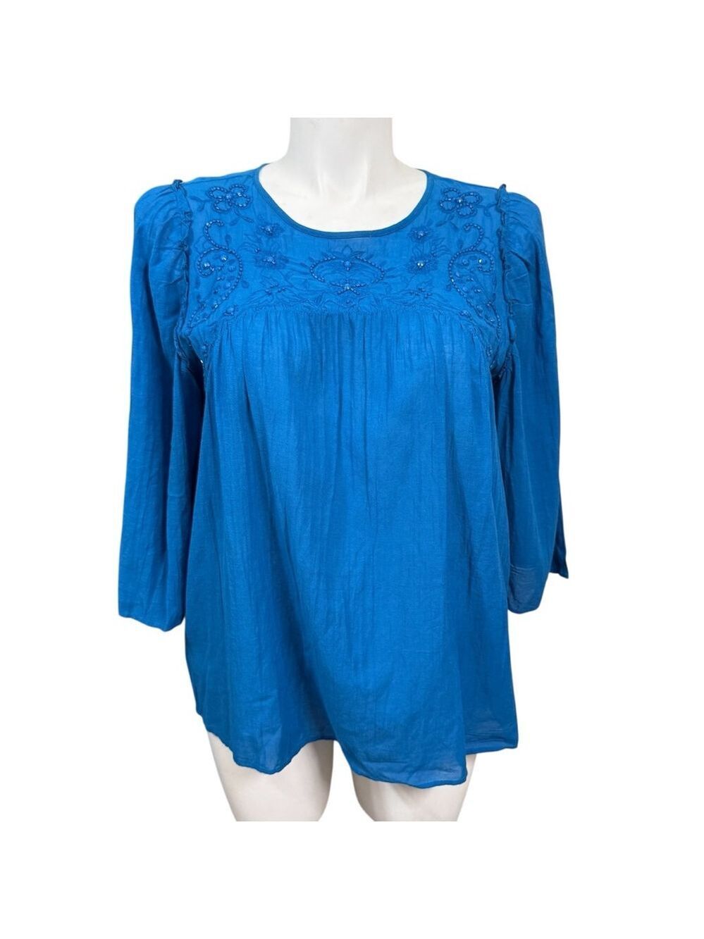 Loft‎ Blue Embroidered Boho Peasant Blouse Top Size Large
